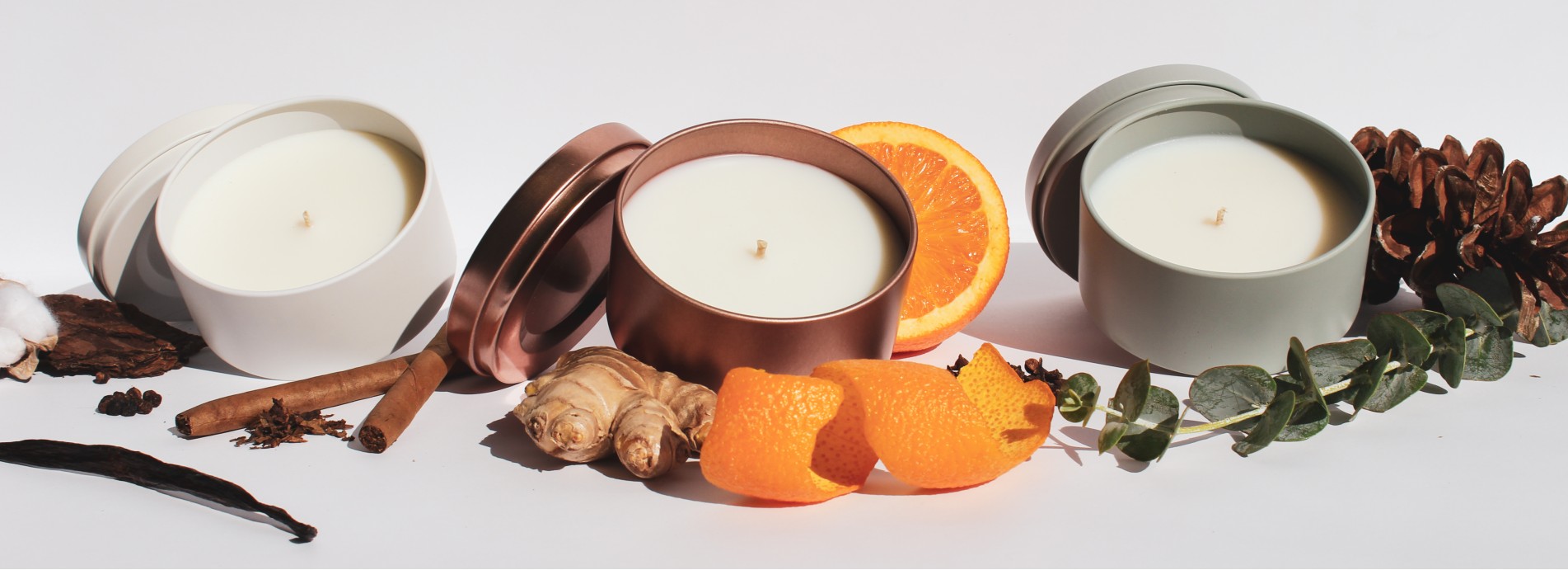 Arthouse Candles product lineup featuring minimalist tins with orange, eucalyptus, pinecone, cinnamon, ginger, and vanilla styling.